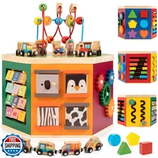 Large Activity Cube, 9-in-1 Farm-Themed Wooden Play Center, Multi