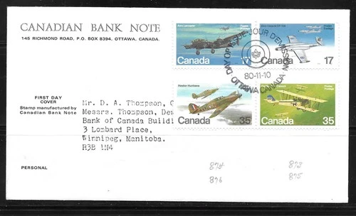 Canada 1980 - #874a/876a Aircraft Pairs FDC - Canadian Bank Note Cachet