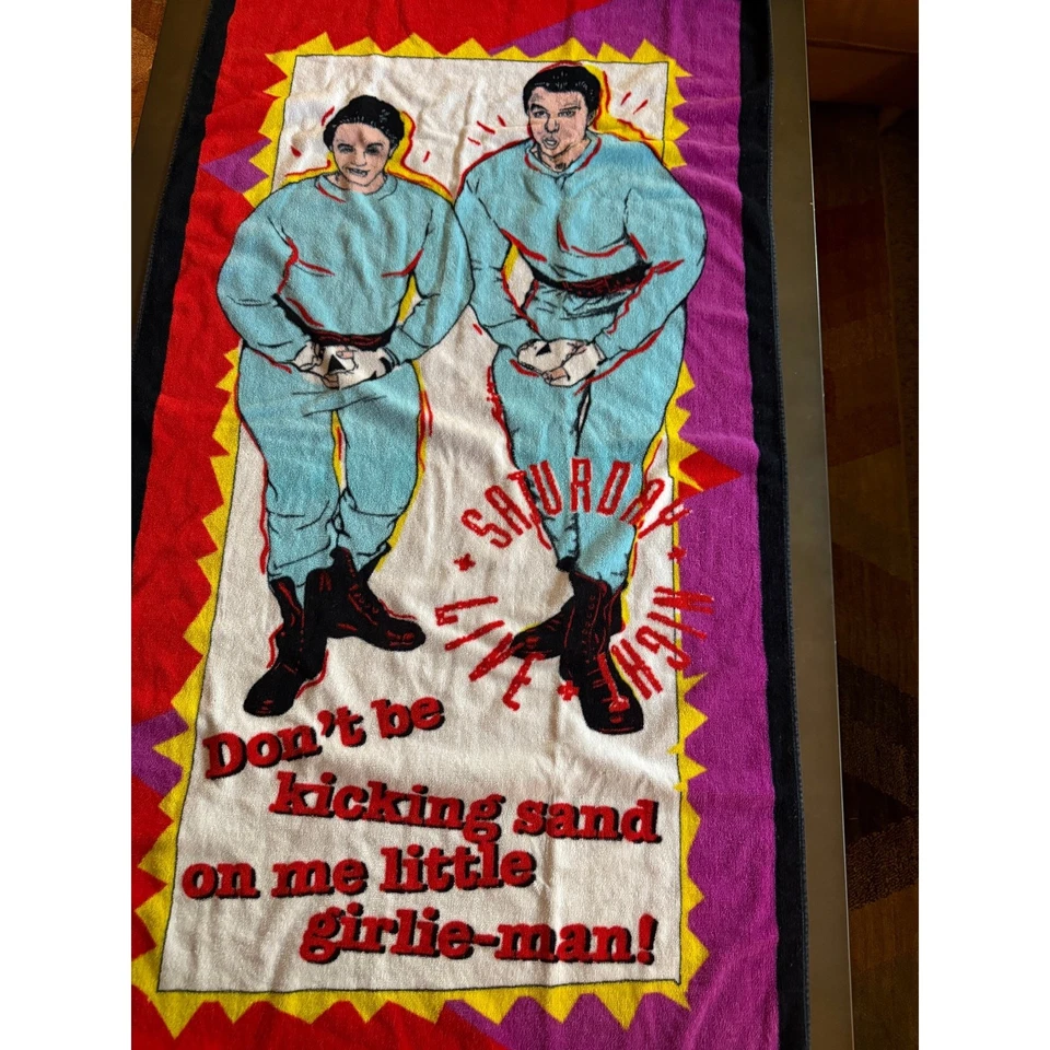 Toalla de playa vintage rara RA Briggs Hans Franz SNL Saturday Night Live Girlie Man Foto 2 de 4