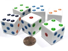 Set of 6 D6 25mm Large Opaque Jumbo Dice - White with Multicolor Pip