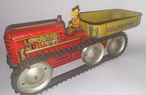 Vintage Marx Tin Litho Construction Dump Truck w Driver Friction Works USA