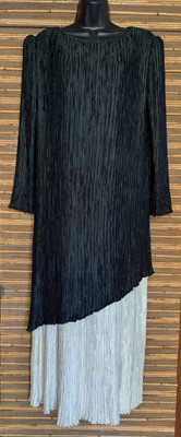Vintage Pierre Labiche Size 12 Black Ivory Plisse Ruffle Long Dress Evening Gown
