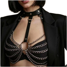 PU Leather Body Chain for Punk Aesthetic Choker Harness Chest Belt Silver Black