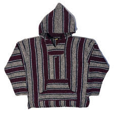 Baja Mexican Poncho Hoodie Pullover Maroon Beige Drug Rug Large Surfer Skater