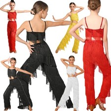 Girls Ballroom Theme Party Dancewear Samba Outfits Competition Fringe Pants