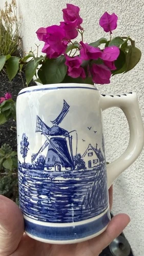 Vtg Delft Blauw Ceramic Mug Stein 5 3/4” Tall -Handpainted Holland Windmill