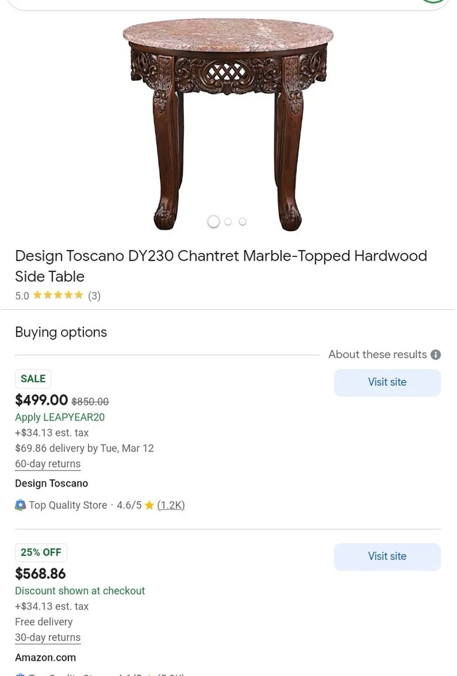 Chantret Rose Marble-Topped Carved Hardwood Side Table: DESIGN TOSCANO Furniture - Image 2 of 4