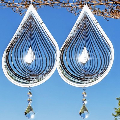 2PCS Wind Spinner 3D Stainless Steel Metal Sculptures Decorations, Water Drop...