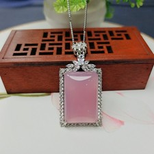 Natural Icy Pink Jade Rectangle jade Pendant Necklace Women's Jewelry Gifts