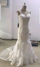 UK Ivory Sleeveless Lace Mermaid Open Back Beach Wedding Dresses Size 8-12 Real 