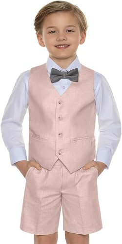 Boys Linen Suit 2 Piece Slim Fit Suits for Kids,Boys Vest Shorts Suit Set Summer - Picture 11 of 34