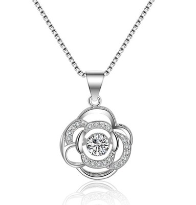 925 Sterling Silver Halo CUBIC ZIRCONIA Rose FLOWER PENDANT NECKLACE Gift Box