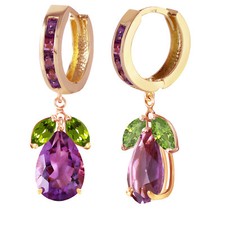 14K. GOLD HUGGIE EARRING WITH PERIDOTS  AMETHYSTS Yellow Gold 
