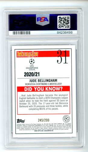 2020 Topps Merlin Chrome UCL Purple Refractor #31 Jude Bellingham RC /299 PSA 9 - Picture 4 of 4