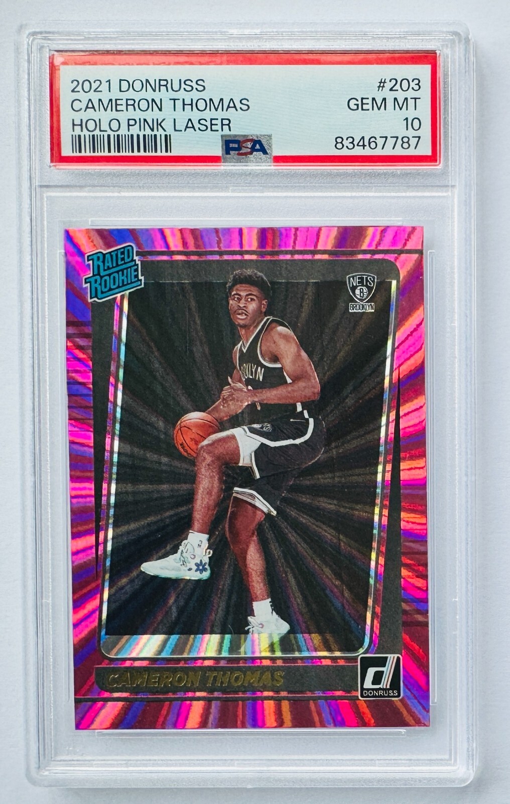 2021-22 Panini Donruss Cameron Thomas Rated Rookie Holo Pink Laser PSA 10 203 RC