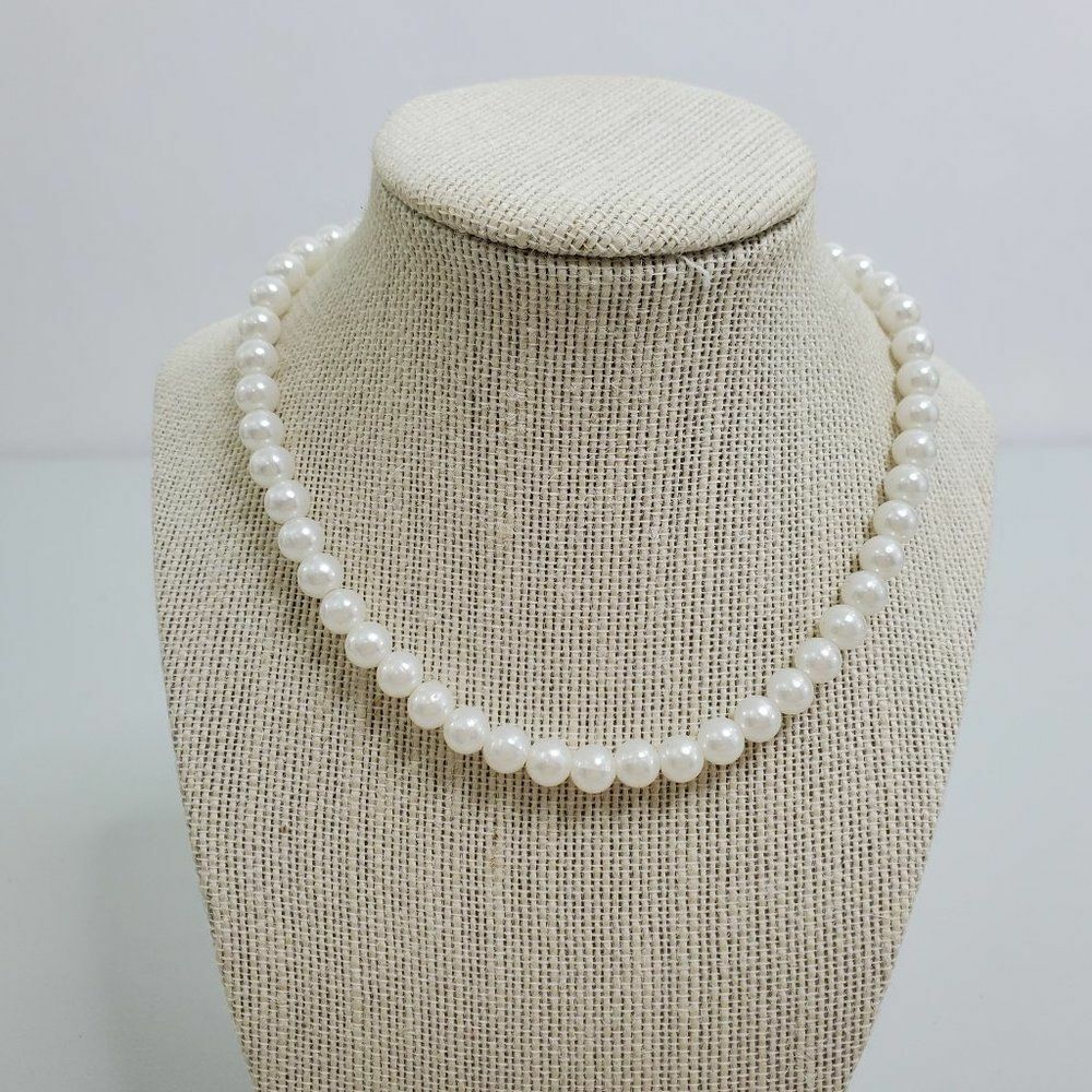White Bead Faux Pearl Necklace 18k GP 18Kt Silver… - image 1