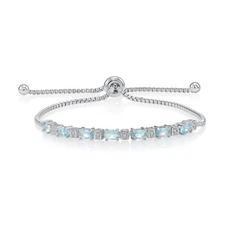 Solid 925 Sterling Silver Aquamarine Cubic Zirconia Tennis Bracelet Adjustable