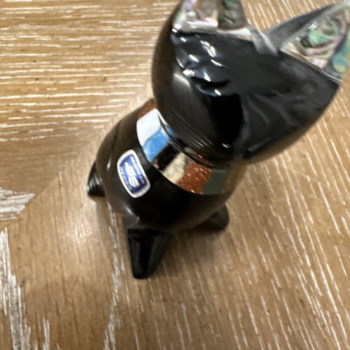 Estatuilla de gato egipcio con cuello de abulón de vidrio obsidiana vintage de 6". Hecho En México - Imagen 7 de 13