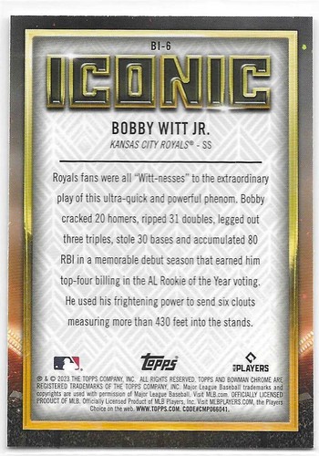 Bowman Chrome 2023 - Bowman Iconic Mojo Refractor #BI-6 Bobby Witt Jr. - Imagen 2 de 3