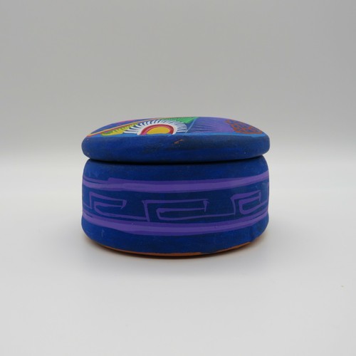 Hand Painted Red Clay Round Covered Trinket Box Blue with Birds Flowers Mexico - Picture 5 of 8