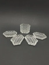 Vtg Set Of 4 Diamond Pattern Small Ashtrays Or Salt Cellars W/ Toothpick Holder
