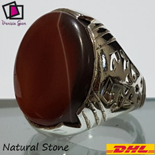 Ring 925 Sterling Silver Men Agate Aqeeq Stone Natural Yemeni Handmade         