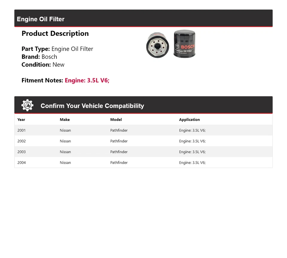 Filtro de aceite premium Bosch 2002 2003 para Nissan Pathfinder 2001-2004 3,5 L V6 Foto 2 de 3