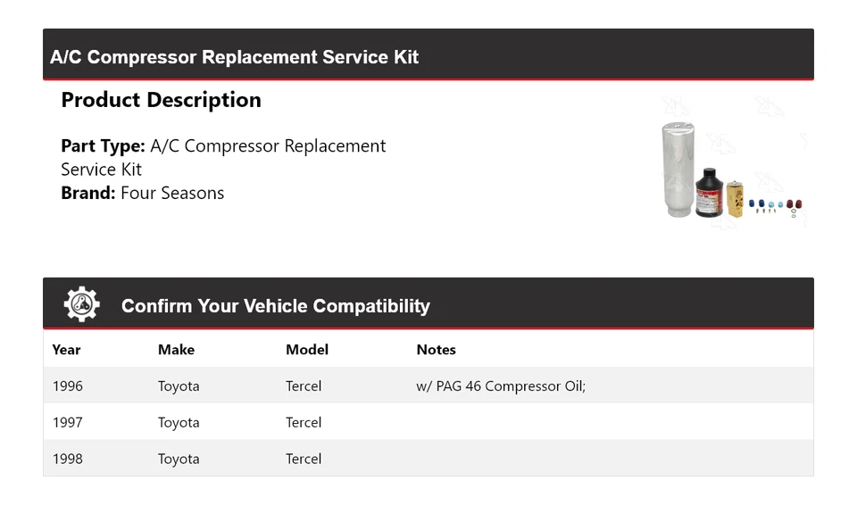 Сервисный комплект для замены компрессора кондиционера Toyota Tercel 1996-1998 годов выпуска 4 сезона - Изображение 2 из 4