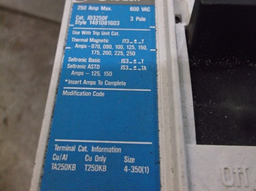 WESTINGHOUSE JD3250F 1491D81G03 CIRCUIT BREAKER 250A 600 VAC 3P (414) - Picture 8 of 9