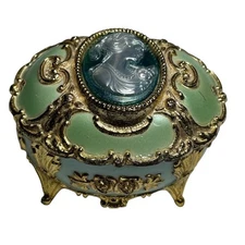 San Francisco Music Trinket Box Cameo Green  Iridescent Blue Oval Baroque Rococo
