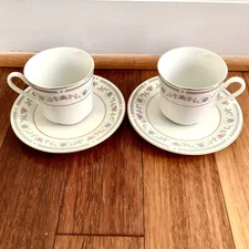 Sango Tivoli #8305 Footed Cup And Saucer Set Pink Flowers Blue Shells Set of 2