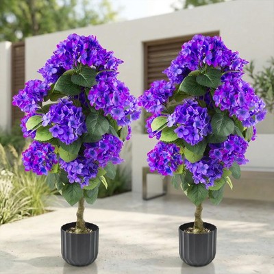 2 Pcs 3 Ft Artificial Hydrangea Trees Potted, UV Resistant Faux Silk Hydrange...