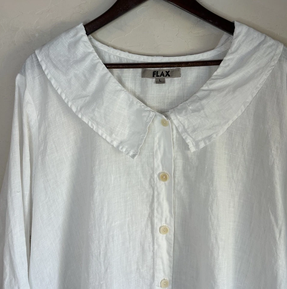 Top túnica de lino 100 % lino blanco con botones cuello L Lagenlook minimalista Foto 4 de 4