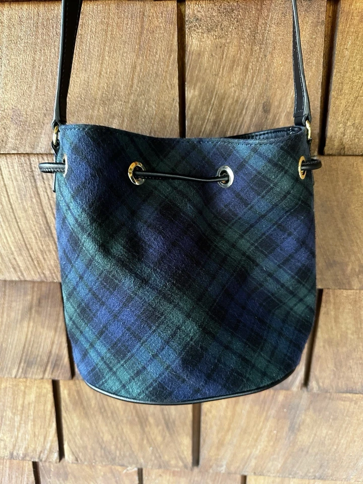Vintage 90s 'Talbots' Dark Blue and Evergreen Plaid Mini Bucket Crossbody Bag - Image 3 of 4