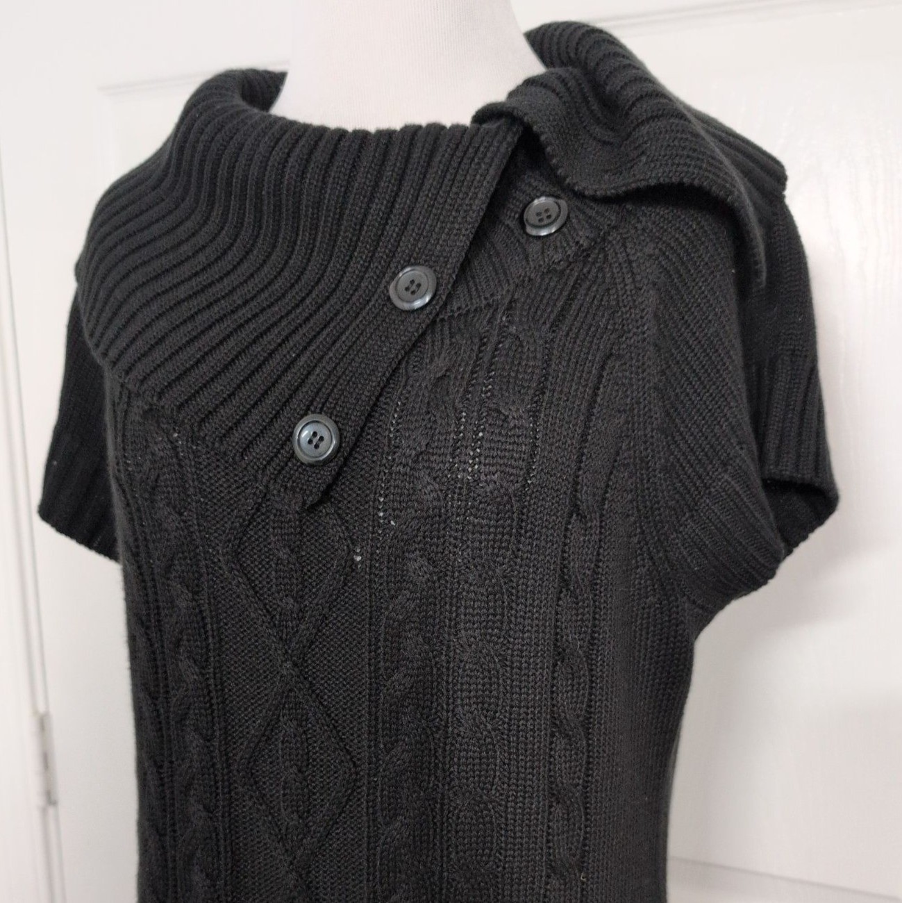 Calvin Klein Cable Knit Sweater Dress Womens Size Large Black Button Cowl Neck thumbnail 2