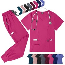 2025 HighDensity Medical Scrub Uniform Set V-Neck Jogger Multi-pocket Drawstring