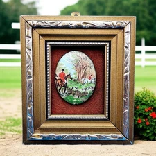 Tally-Ho Equestrian Fox Hunt English Riding Art Vitreous Enamelling Style Framed