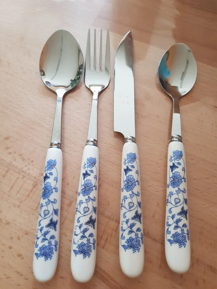 Besteck 24tlg. Porzellangriff blauweiß 6 Löffel 6 Gabeln 6 Messer 6 Kaffeelöffel - Bild 2 von 2