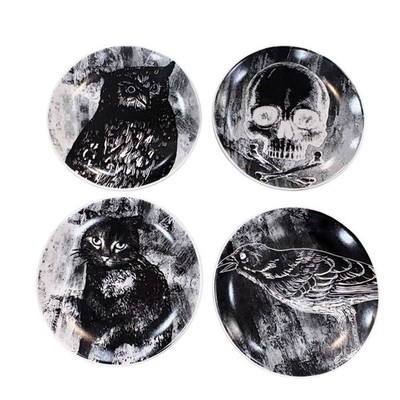 Set Of 4 Black & White Halloween-Themed Snack Plates 6.25'' Owl Cat Skull & Crow