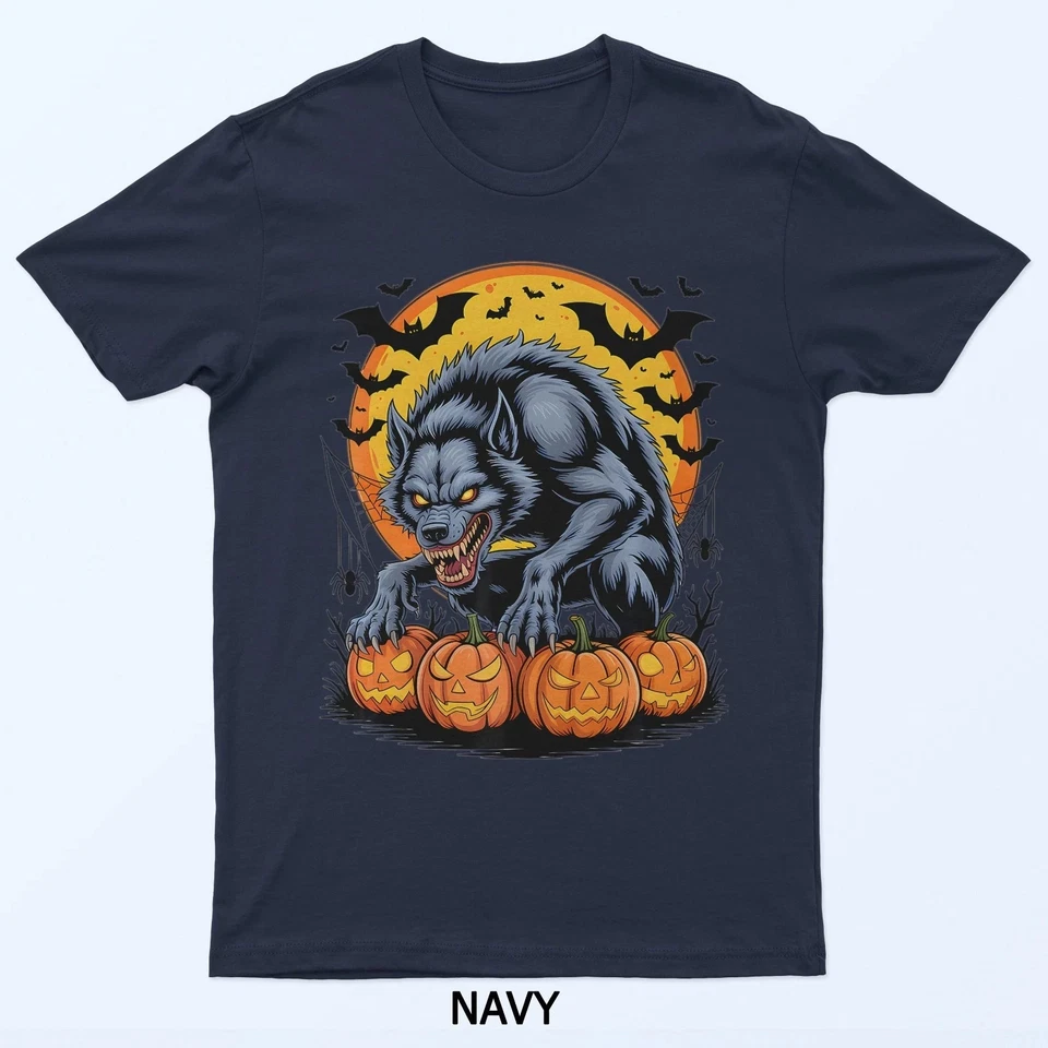 Scary Werewolf Halloween Moon Pumpkin Spooky Bats Horror T-Shirt Size S-5XL - Image 4 of 4