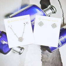 CLEARANCE! NWOT Kendra Scott Kelly Logo Necklace Earrings SET Silver Tone