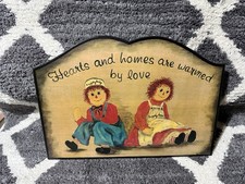 Vintage Cute Raggedy Ann And Andy Wood Wall Hanging 10x15