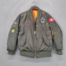 Kids Swiss Cross Bomber Jacket Olive Green Patchwork Air Force Style L 14 16