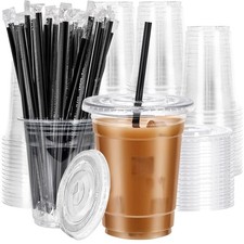 100 Pack 16 oz Disposable Plastic Cups with Lids and Straws, Clear Cups for C