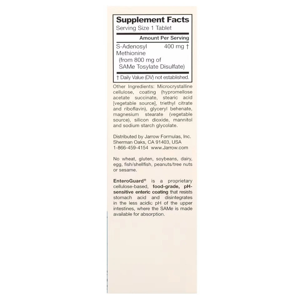 Jarrow Formulas SAMe (Disulfate Tosylate), 400 mg, 30 Enteric Coated Tablets Foto 2 de 2