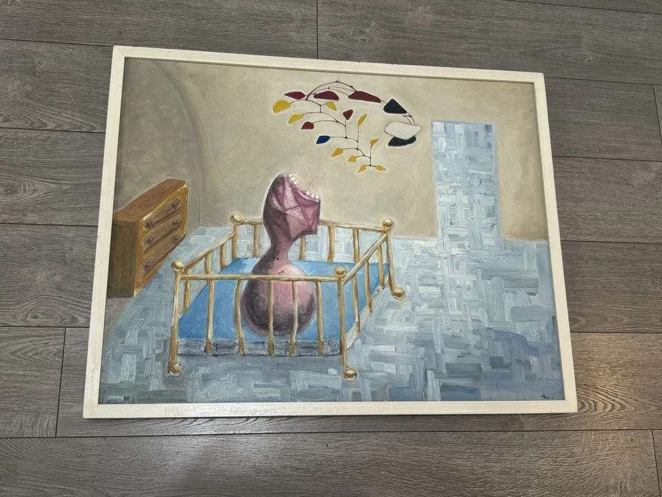 Pintura al óleo enmarcada de colección Royce 23”x29” firmada por artista misterioso estilo Joan Miró Foto 3 de 4