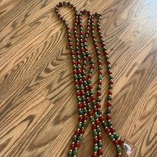 Wooden Garland Green Red W/ Gold Beads Rustic Farmhouse 148  Long