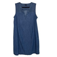 Talbots Denim Shift Dress Women 14W Blue Smocked V-Neck Cotton Sleeveless