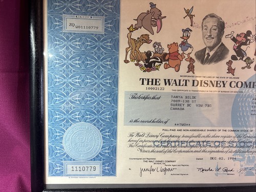 1994 Walt Disney Company Common Stock Certificate 2 Share Framed Good Condition - Bild 3 von 4