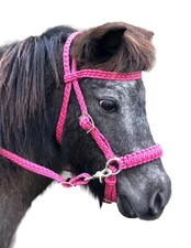 Pony Bitless Bridle  And Reins, Pony Side Pull Hackamore Pony Tack set Hot Pink